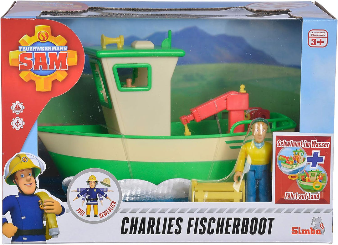 Simba 109251074 - Feuerwehrmann Sam Charlies Fischerboot, mit Charlie Figur, beweglicher Kran und me