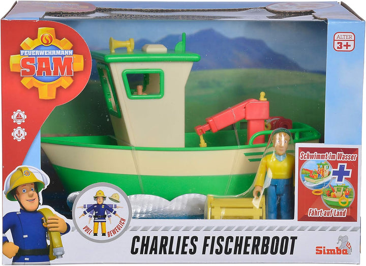 Simba 109251074 - Feuerwehrmann Sam Charlies Fischerboot, mit Charlie Figur, beweglicher Kran und me