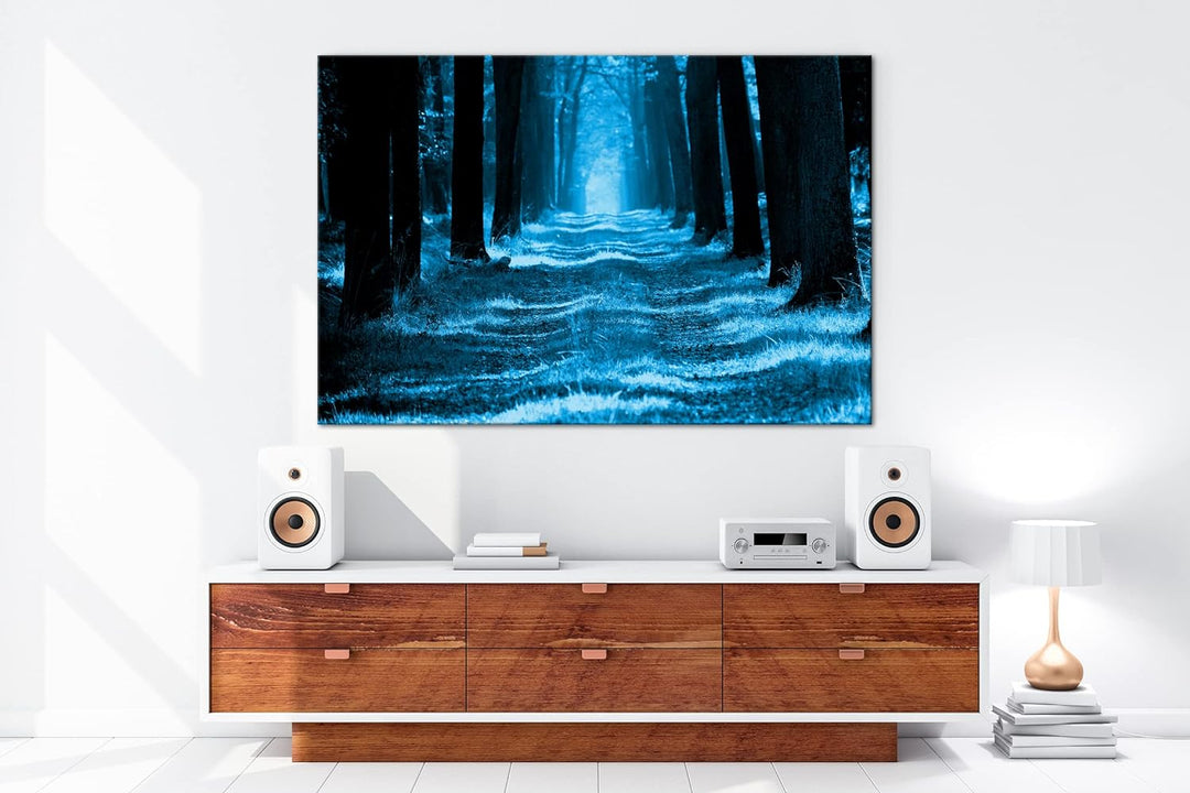 deyoli Waldweg im Herbst Format 80x60 Effekt: Monocrome Blau als Leinwandbild, Motiv fertig gerahmt