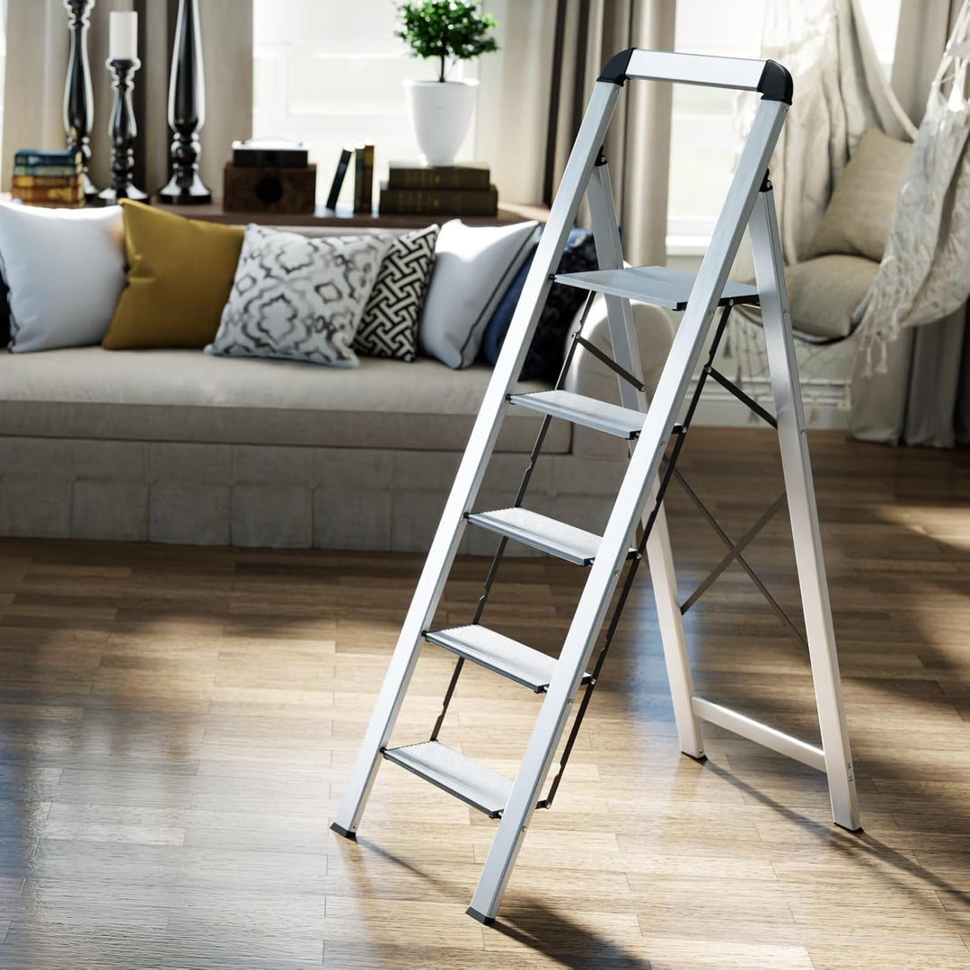 KINGRACK Stufenleiter, 5 Stufen, klappbare Stufenleiter mit Handlauf, rutschfeste Haushaltsleiter mi