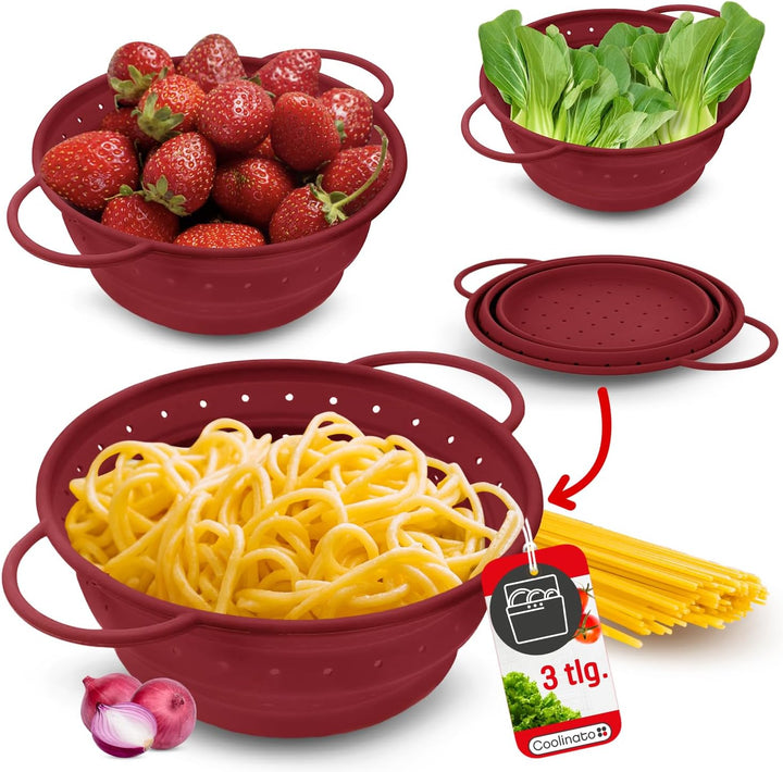 Coolinato Sieb aus Silikon 3er Set, faltbar spülmaschinenfest, Nudelsieb Abtropfsieb Dampfgar Einsat