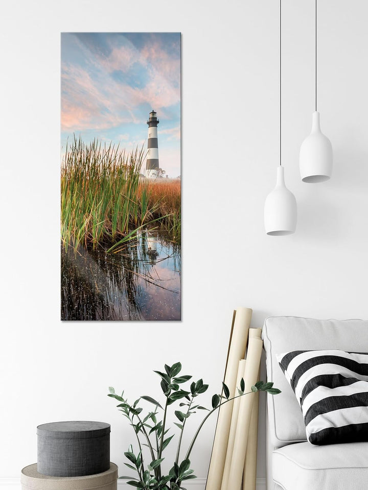 Glasbild Panorama | Wandbild aus Echtglas | Leuchtturm | 100x40 cm | inkl. Aufhängung und Abstandsha