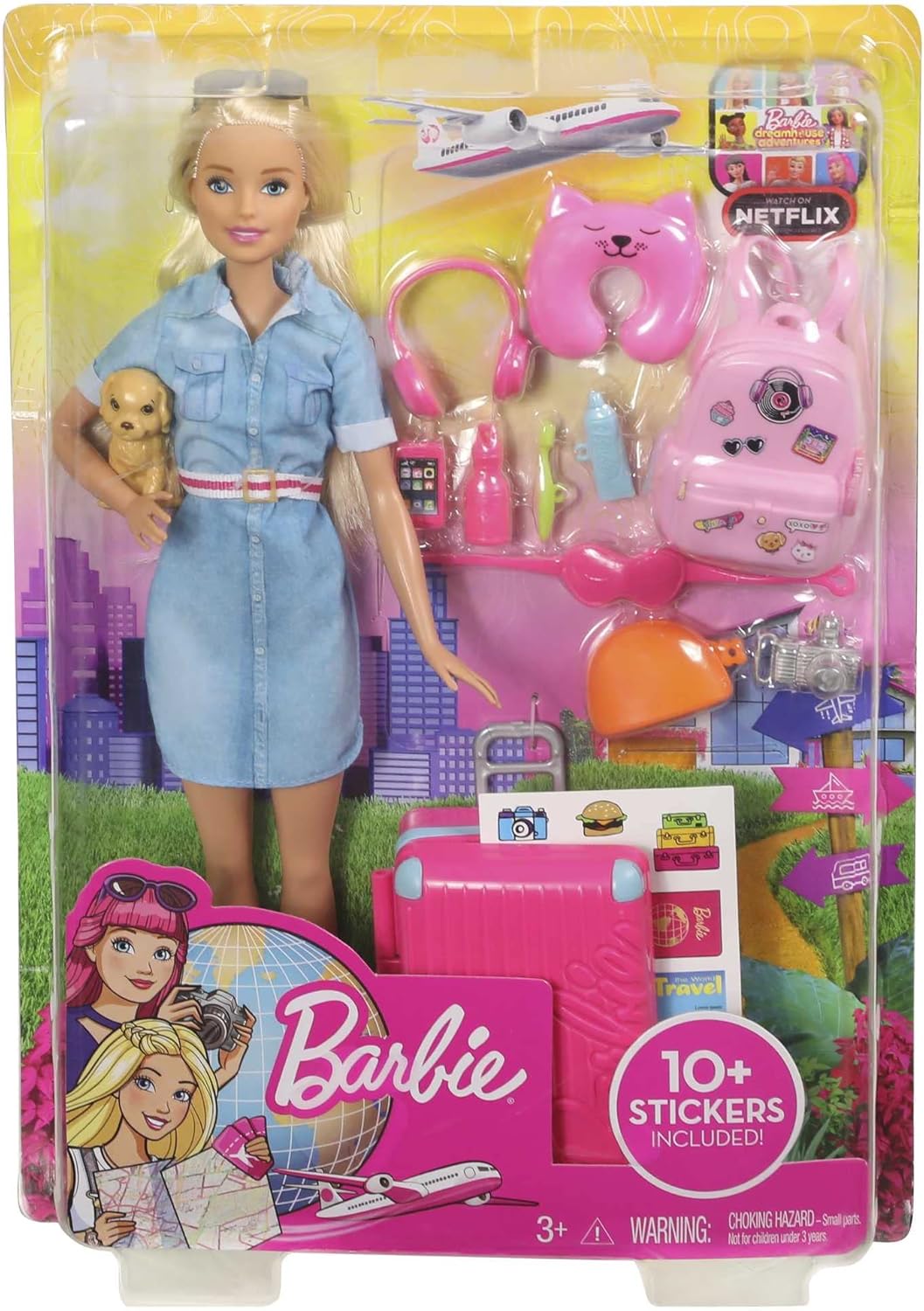 Barbie-Puppe Barbie Dream House Adventures, Reise-Barbie mit blonden Haaren, rosa Koffer, Rucksack,