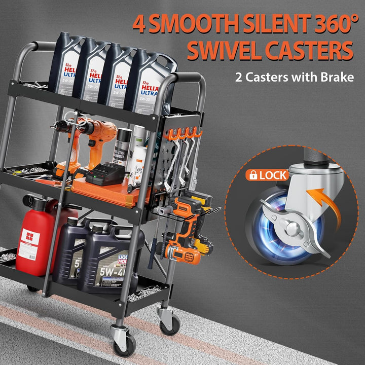 KINGRACK 3-Ebenen servierwagen klappbar mit Rollen ergonomischem Griff, klappbar Allzweck-Dienstwage