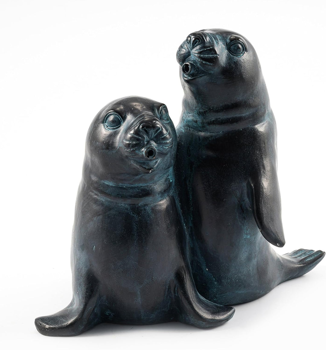 Wasserspeier Figur Seehundpaar aus Kunststein - (L x B x H): ca. 260 x 160 x 220 mm - Schlauchanschl