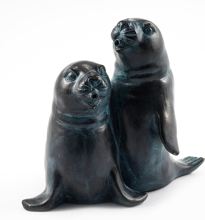 Wasserspeier Figur Seehundpaar aus Kunststein - (L x B x H): ca. 260 x 160 x 220 mm - Schlauchanschl