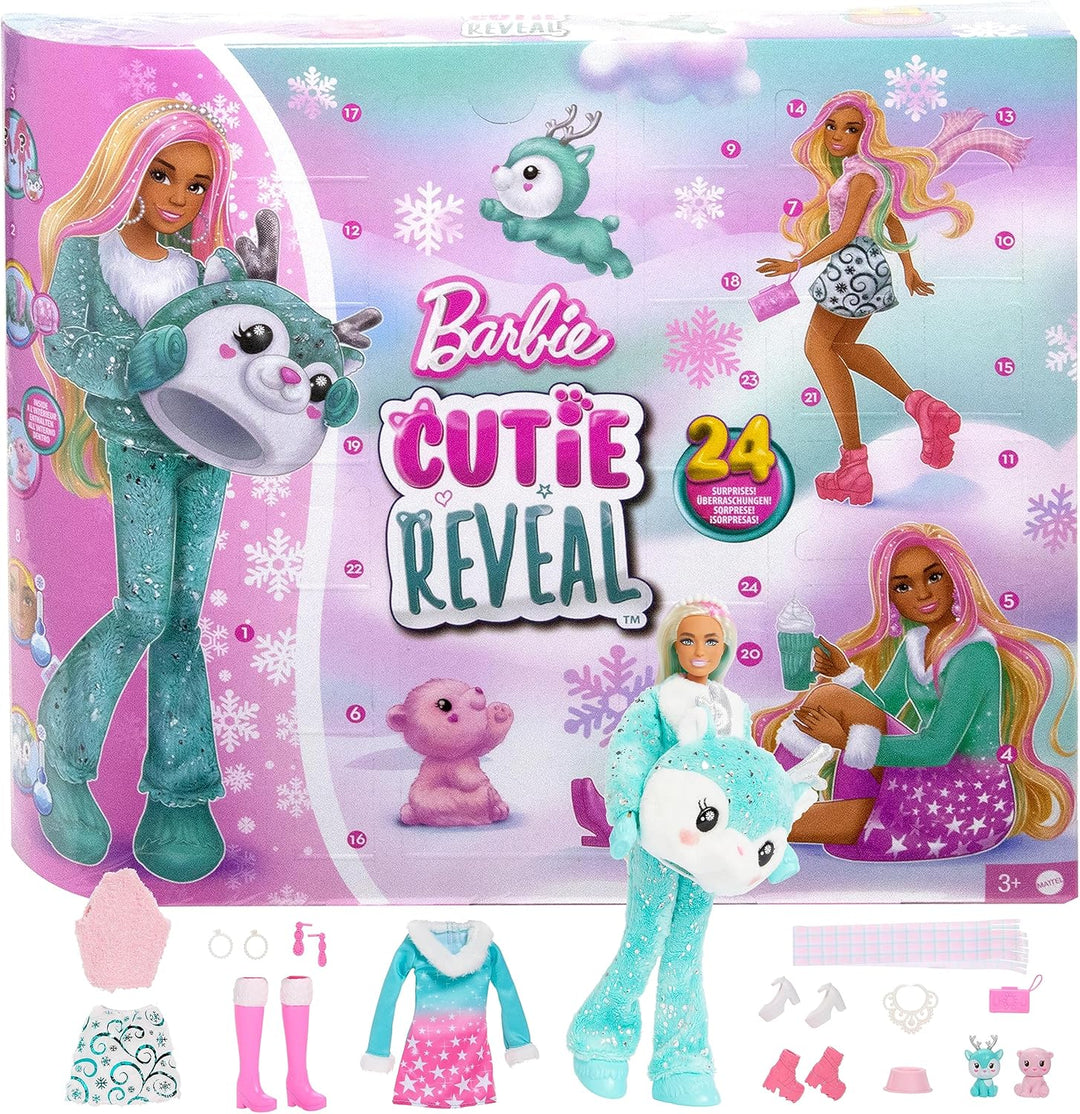 Barbie Cutie Reveal Adventskalender - 24 Überraschungen, Puppe, Glitzerrentier, Winteroutfits, Acces