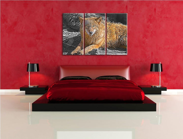 aufschauender maiestätischer Wolf schwarz/weiss Deluxe 3-Teiler Leinwandbild 120x80 Bild auf Leinwan