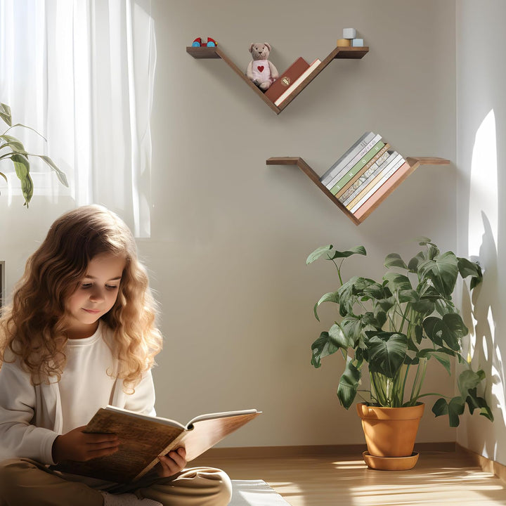 Mazjoaru Bücherregal Wandregal Holz 2er Set Wildgans-förmiges Design Schweberegale Modern V-Form Wan