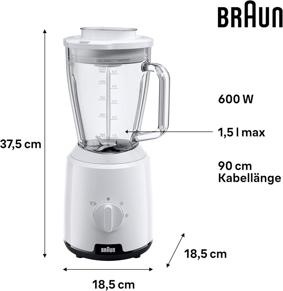 Braun PowerBlend 1 JB1050WH - Standmixer mit 1,5 l Glas-Mixaufsatz, Küchenhelfer zum Zerkleinern, Pü