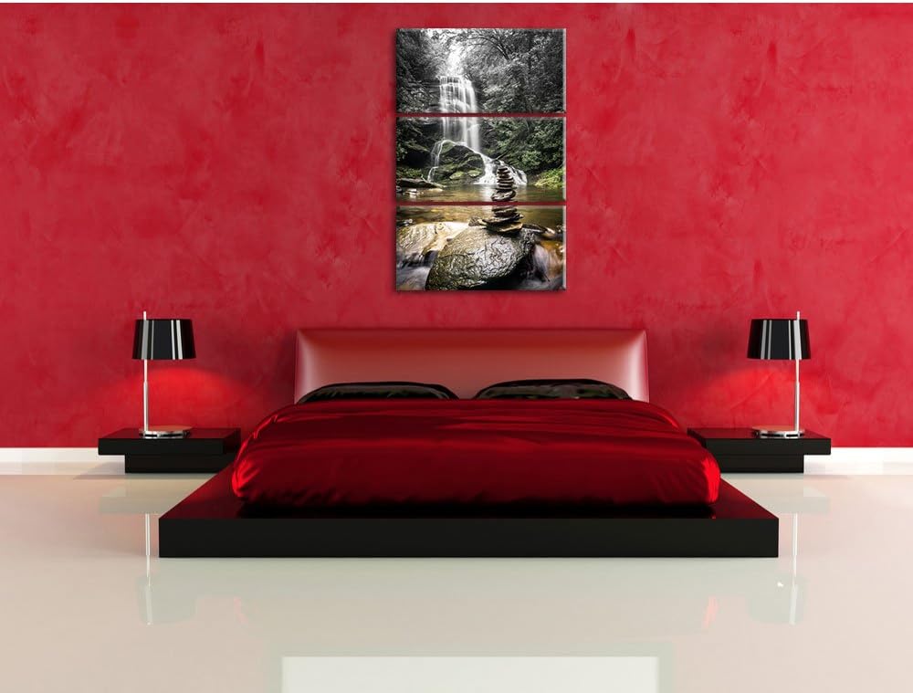 Pixxprint Zen Steine vor Wasserfall B&W Detail 3-Teiler Leinwandbild 120x80 Bild auf Leinwand