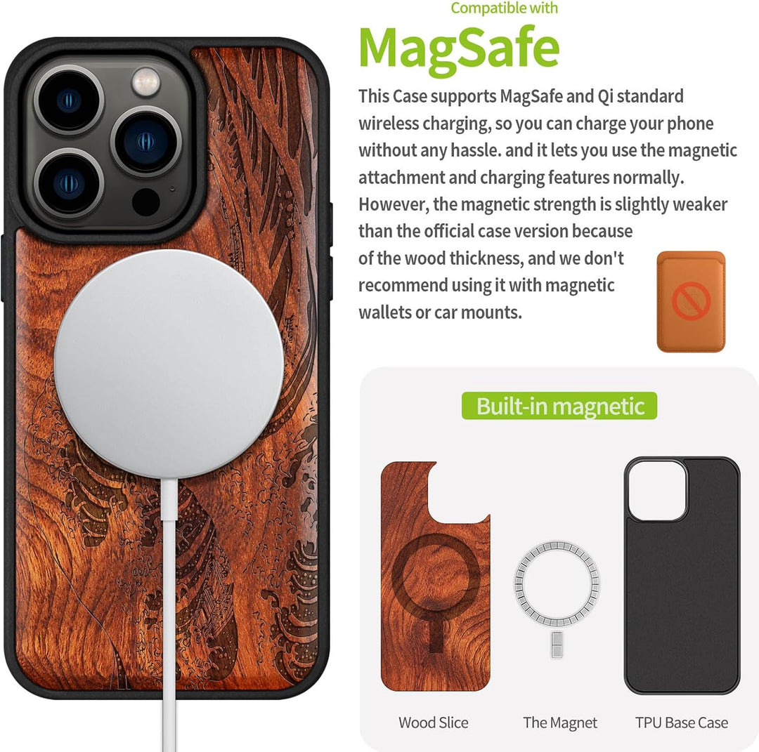 Carveit Handyhülle für iPhone 15 Pro Cover Kompatibel mit Magsafe [Holz und TPU Silikon Hybrid hülle