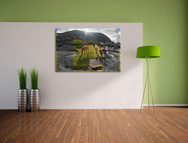 fressende Pferdeherde im Gebirge schwarz/weiss Format: 100x70 auf Leinwand, XXL riesige Bilder ferti