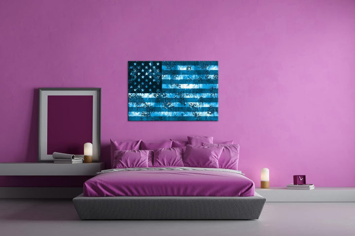 deyoli rostige USA Flagge Format: 100x70 Effekt: Monocrome Blau als Leinwandbild, Motiv fertig gerah