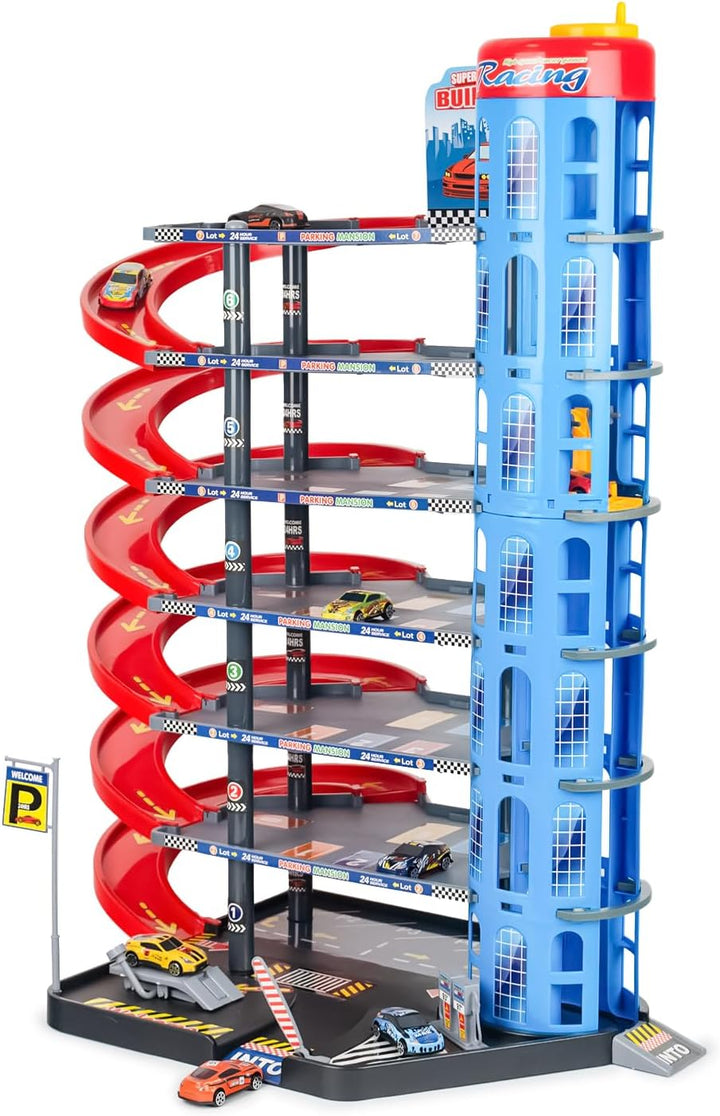 CELMAN Parkgarage Spielset für Kinder - Multilevel Spielzeugauto Parkhaus mit Handbetriebener Aufzug
