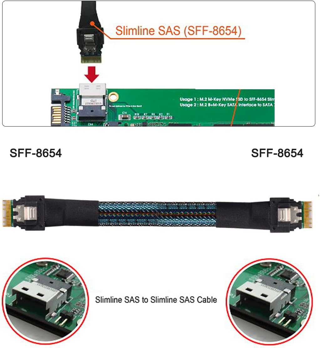 Cablecc PCI-E Slimline SAS 4.0 SFF-8654 4i 38pin Host auf SFF-8654 Slim SAS Zielkabel, 40 cm Black S