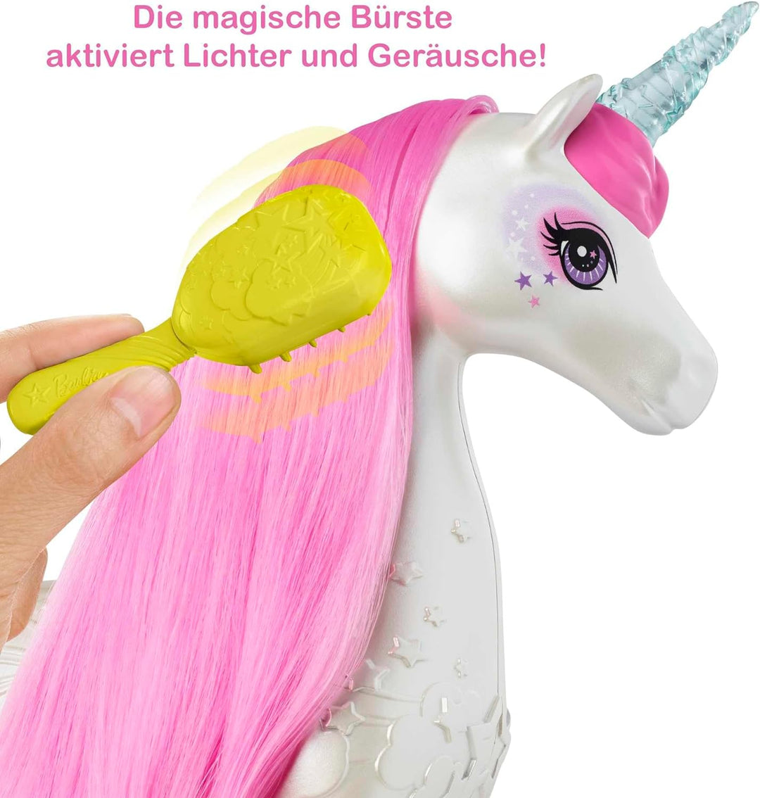 Barbie Einhorn, Dreamtopia Brush 'N Sparkle Unicorn, Barbie Zubehör mit magischer Bürste für 4 Licht