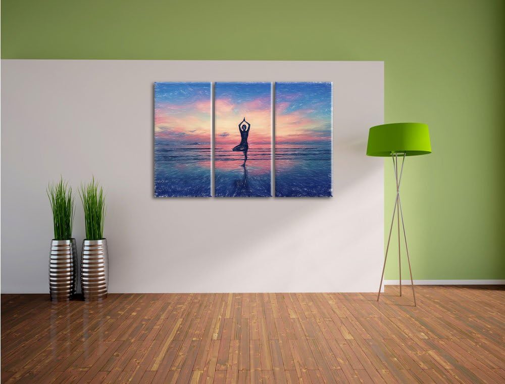 Pixxprint Yoga am Strand / 3-Teilig/Gesamtmass 120cm Leinwandbild bespannt auf Holzrahmen/Wandbild K