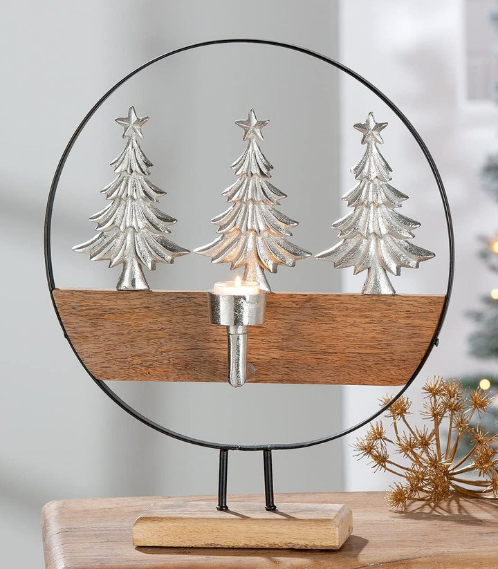 GILDE Holz Weihnachtsdekoration Teelicht Leuchter - Motiv: Tannenbäume aus Aluminium - Farbe: braun