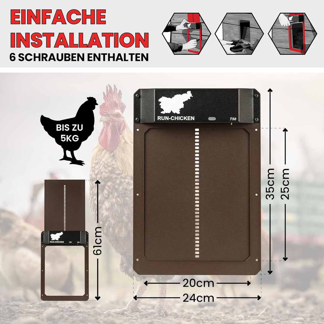 Run Chicken Model T50, Automatic Chicken Coop Door, Full Aluminum Doors, Light Sensing, Evening and