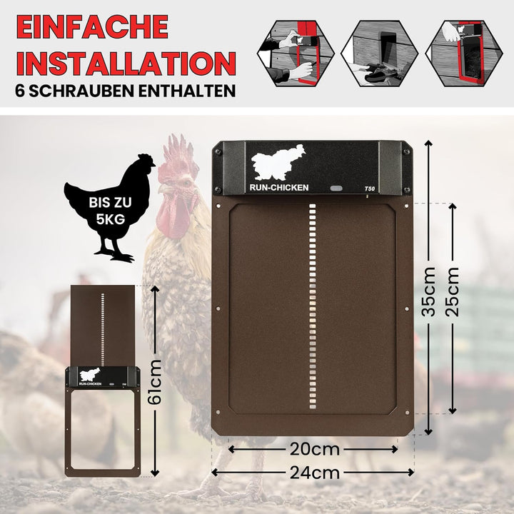 Run Chicken Model T50, Automatic Chicken Coop Door, Full Aluminum Doors, Light Sensing, Evening and
