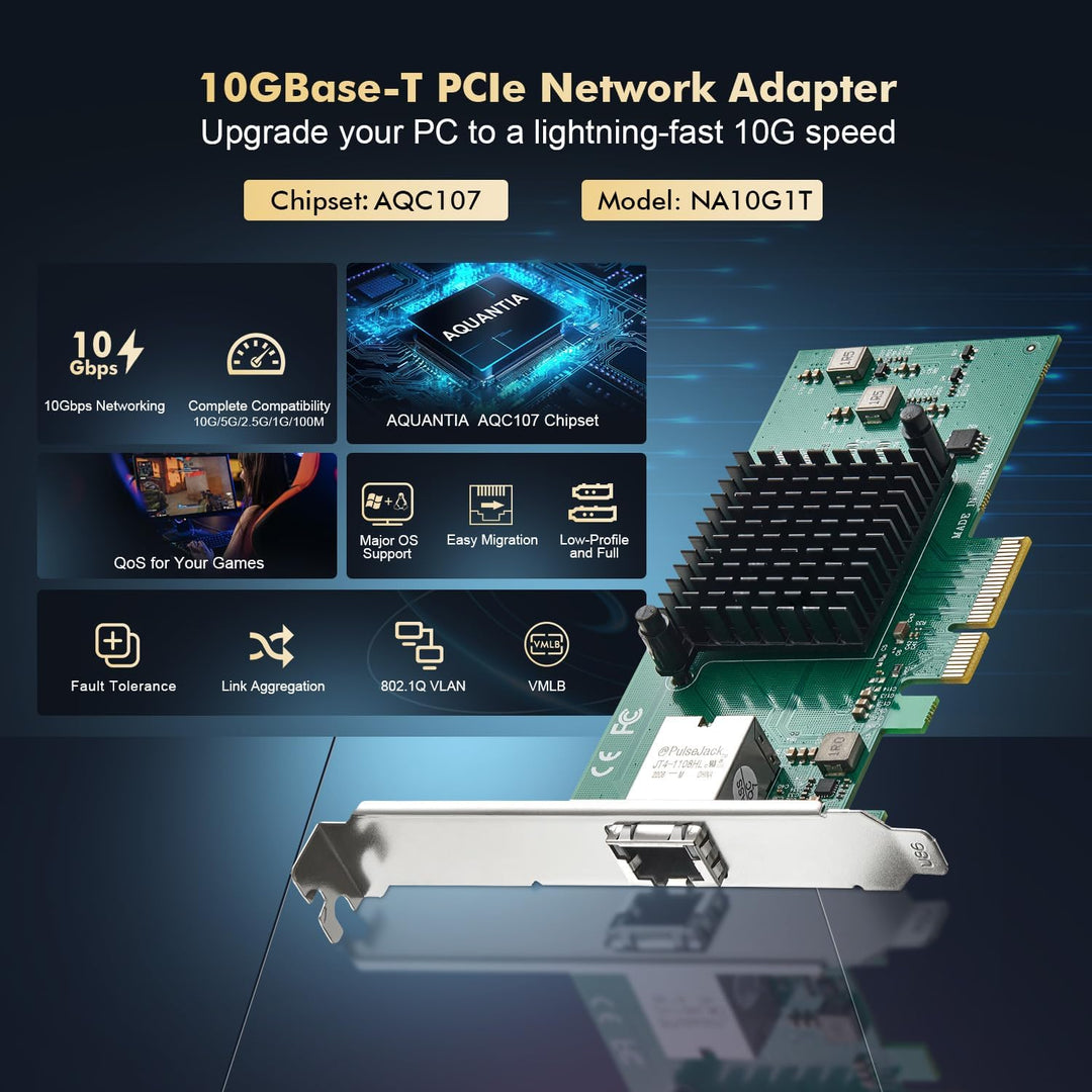 Binardat 10G Ethernet PCIe Netzwerk Adapter, AQUANTIA AQC107 Chip LAN Controller, 10G/5G/2.5G/1G/100