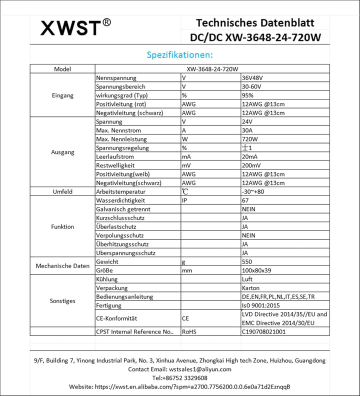 XWST DC DC 36V 48V auf 24V Spannungsregler 30A 720W Wechselrichter 30-60V zu 24V Abwärtstransformato