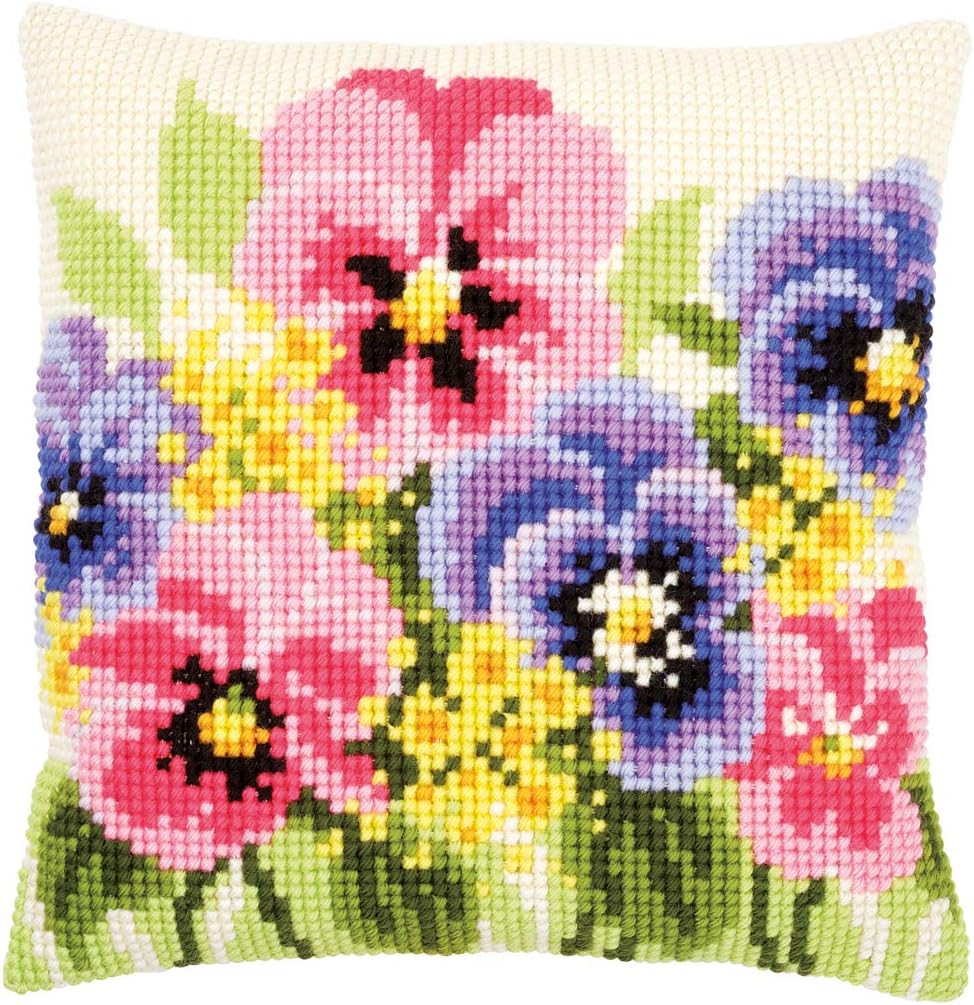 Vervaco PN-0166935 Kreuzstichkissen Stiefmütterchen Kreuzstichset, Baumwolle, mehrfarbig, 40 x 40 cm