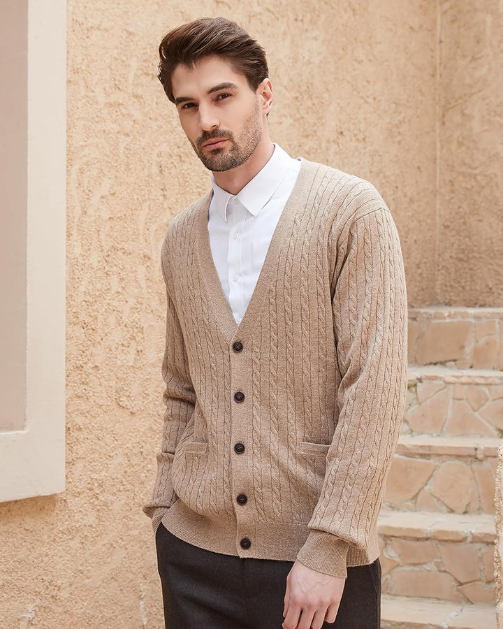 Kallspin Herren Strickjacke aus Wollmischung Zopfstrick Cardigan mit Knopfverschluss und Taschen S K