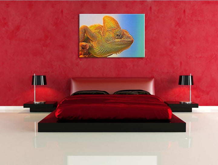 gelbes Chamäleon Deluxe Format: 100x70 cm auf Leinwand, XXL riesige Bilder fertig gerahmt mit Keilra