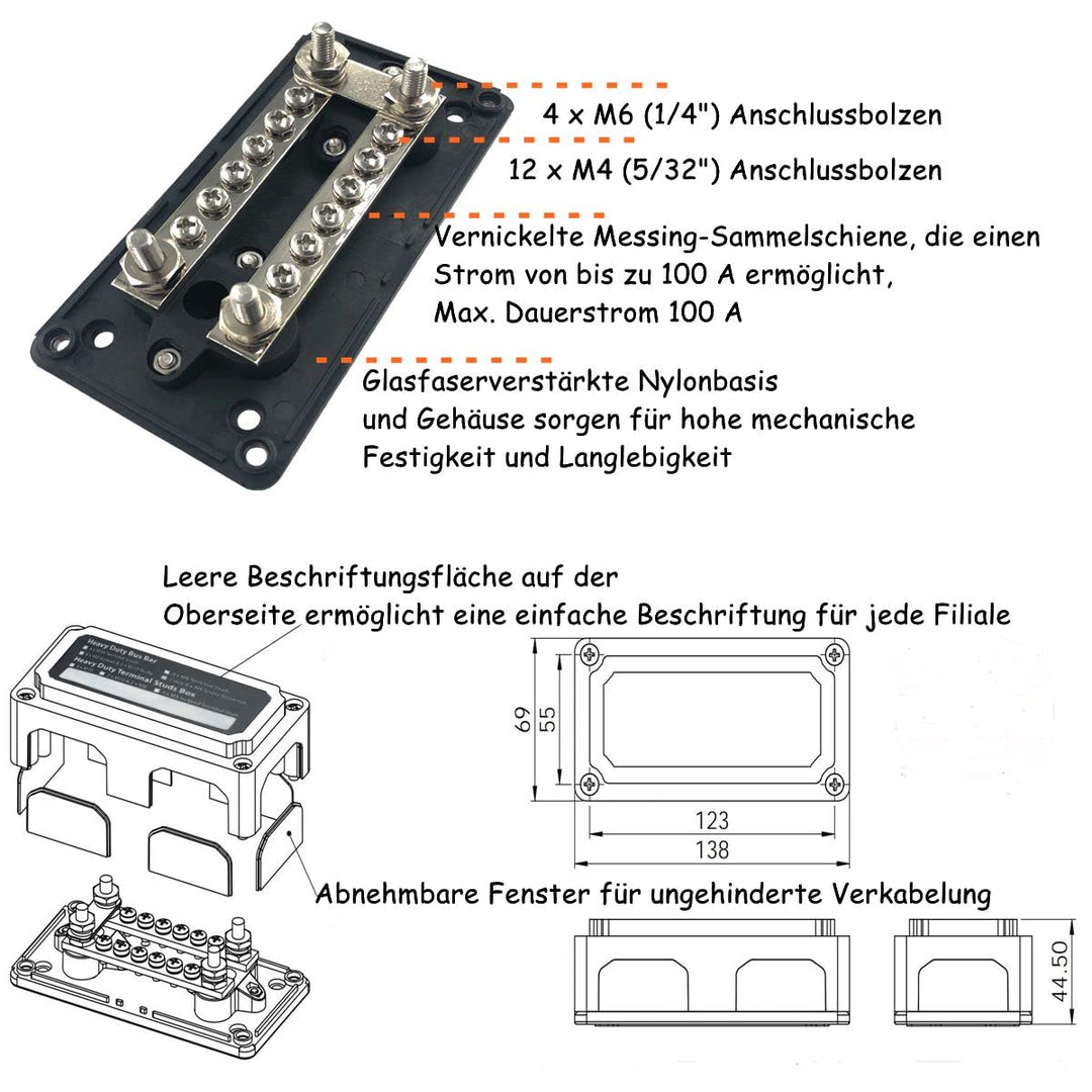 HIMOZEAN 100A Sammelschienenkasten 12V - 48V DC Verteilerschiene Stromverteilungsblock 4X M6 und 12X