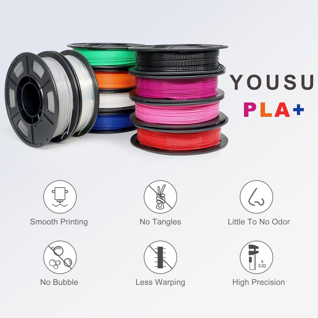 YOUSU pla plus filament 1.75, 3d drucker filament, 3d filament pla+ bündel, 250gx10 rollen (Schwarz/