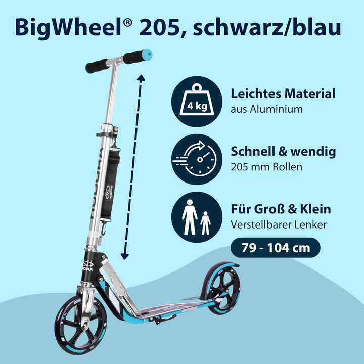 HUDORA BigWheel 205 Scooter - Stabiler Aluminium-Roller - Höhenjustierbarer & zusammenklappbarer Cit