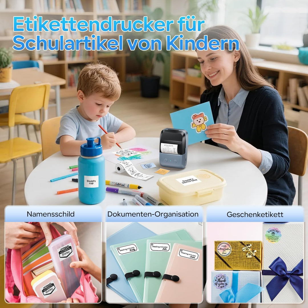 Memoking Etikettendrucker Selbstklebend, Bluetooth Label Printer mit 2000 Symbolen und 300 Vorlagen,
