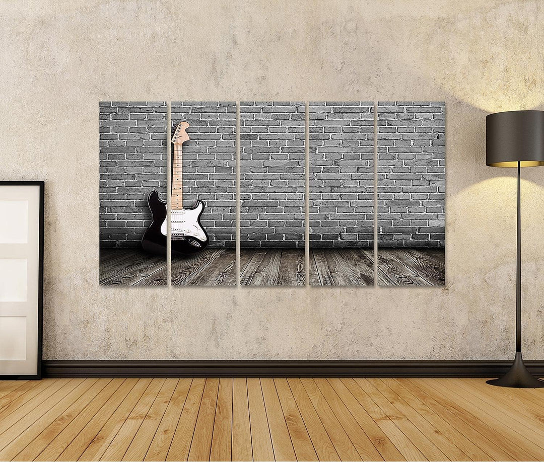 islandburner Bild auf Leinwand E Gitarre Auf Holzboden Vor Steinwand Bilder Wandbilder Poster Leinwa