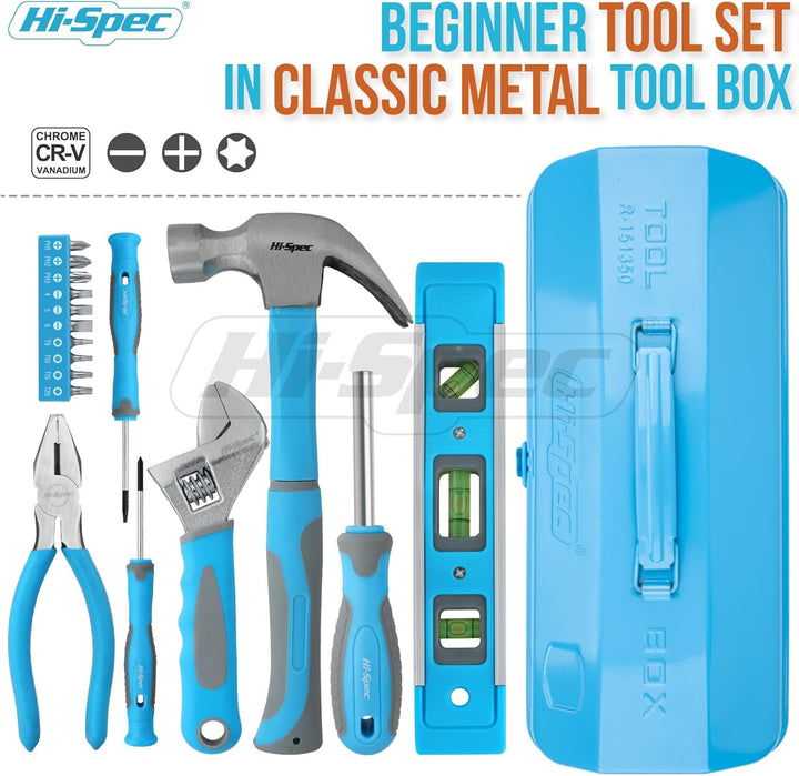 Hi-Spec Werkzeug-set für Anfänger in Blauer Metallbox. Komplettes echtes Handwerkzeug für Heimwerker