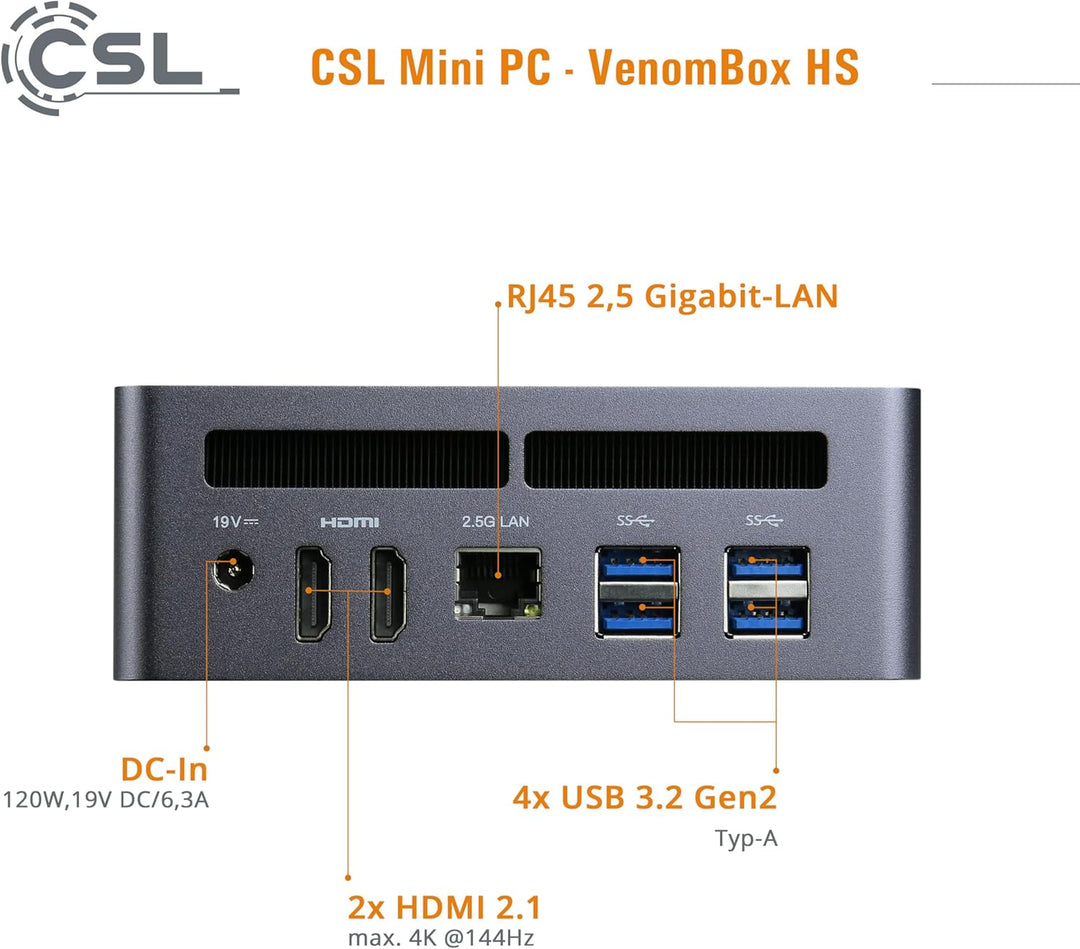 Mini PC CSL VenomBox HS Windows 11 Pro, AMD Ryzen 7 8845 HS 8X 3800 MHz, 4000 GB M.2 SSD, 96 GB DDR5