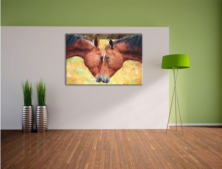 Pixxprint Zwei schmusende Pferde Kunst Pinsel Effekt, Format: 100x70 auf Leinwand, XXL riesige Bilde