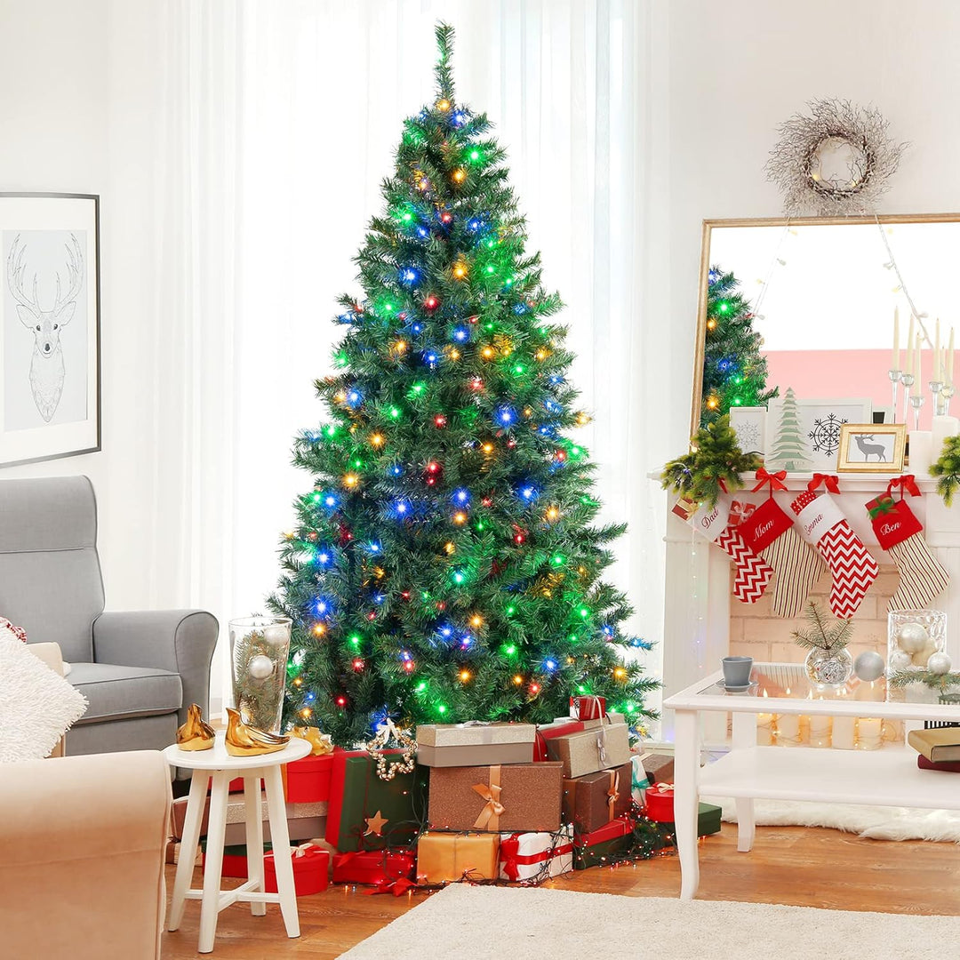 COSTWAY 180cm/210cm Künstlicher Weihnachtsbaum, Beleuchteter Tannenbaum mit farbigen LEDs & Metallst