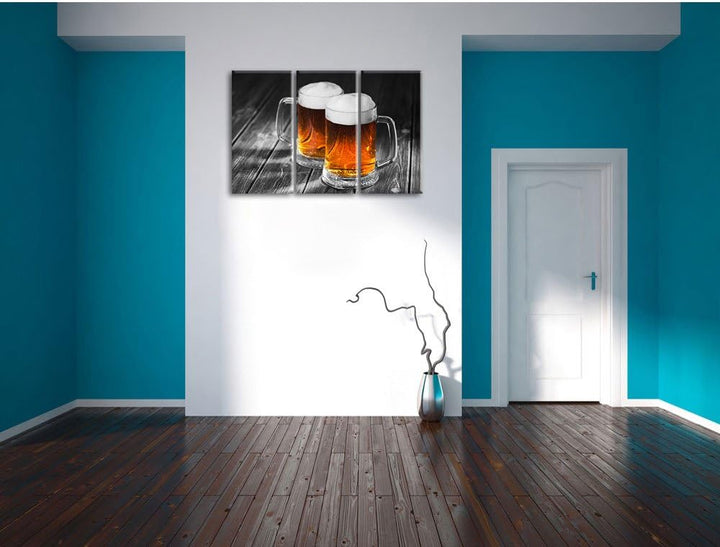 Pixxprint Zwei Masskrüge Bier als Leinwandbild | Grösse: 3 Teilig (120x80) | Wandbild| Kunstdruck |