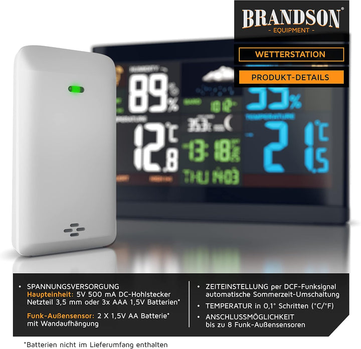 Brandson Funk Wetterstation mit Farbdisplay - mit Aussensensor - DCF Empfangssignal Funkuhr - Innen-