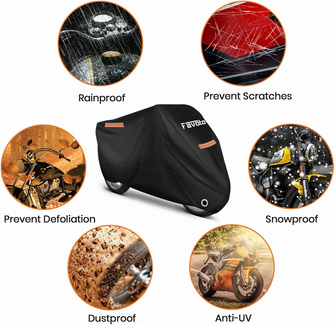Favoto Motorradabdeckung für alle Jahreszeiten 210T wasserdichte Motorradabdeckung, 225 cm lang, UV-