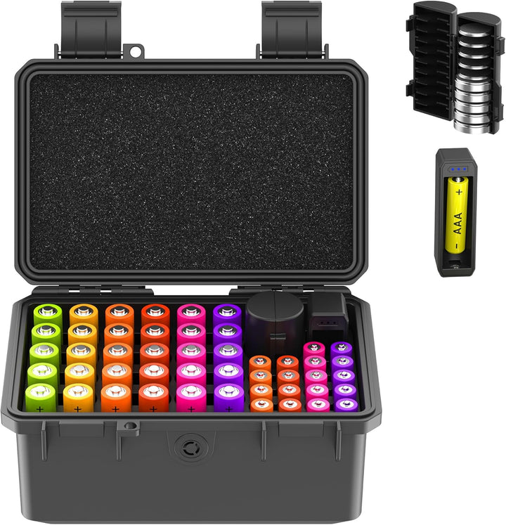 KIWIFOTOS AAA AA Batterie Organizer Aufbewahrungskoffer Batteriehalter mit Batterieprüfer IP67 Wasse