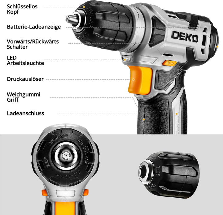 DEKO 126 Stück Elektrowerkzeug Combo Kits mit 8V Akku Bohrer, 10MM 3/8'' Keyless Chuck, Professionel