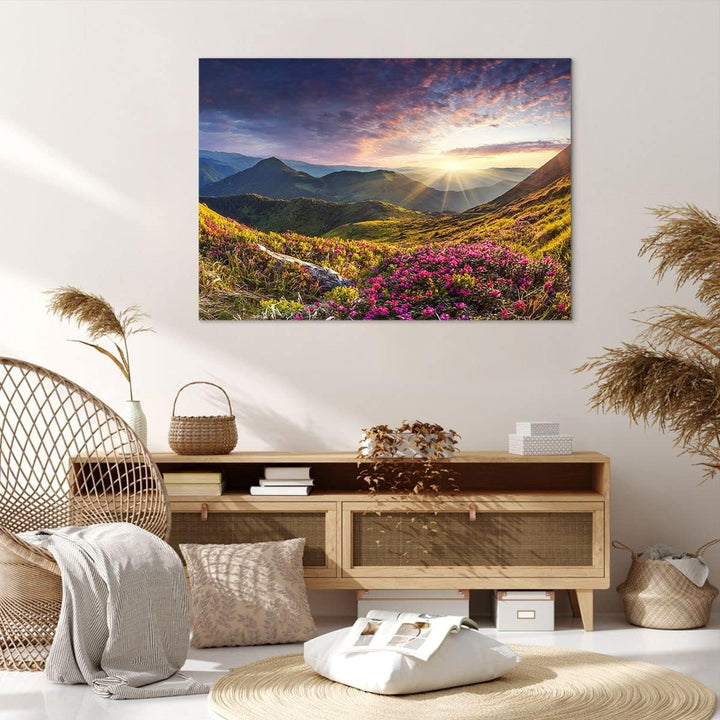 Bilder auf Leinwand 100x70cm Leinwandbild Gebirge Wiese Landschaft Wald Gross Wanddeko Bild Schlafzi