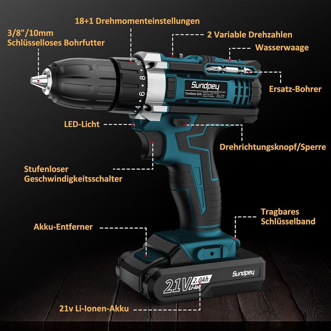 Sundpey Akkuschrauber 21V Akku Bohrmaschine - Akku Bohrschrauber mit 2x2000mAh Akku, 45 N.m Max, 2-G