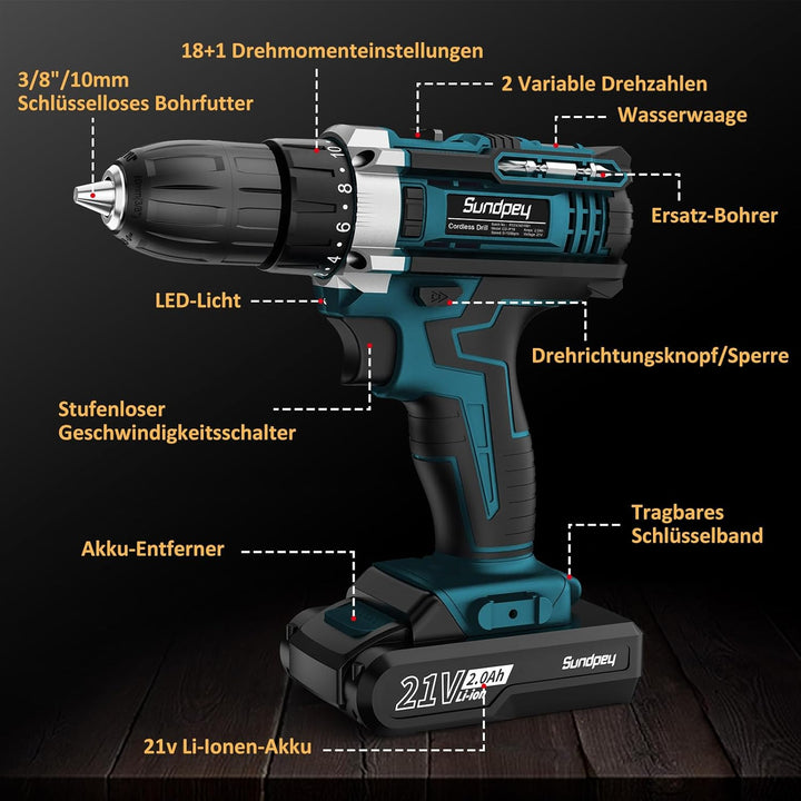 Sundpey Akkuschrauber 21V Akku Bohrmaschine - Akku Bohrschrauber mit 2x2000mAh Akku, 45 N.m Max, 2-G