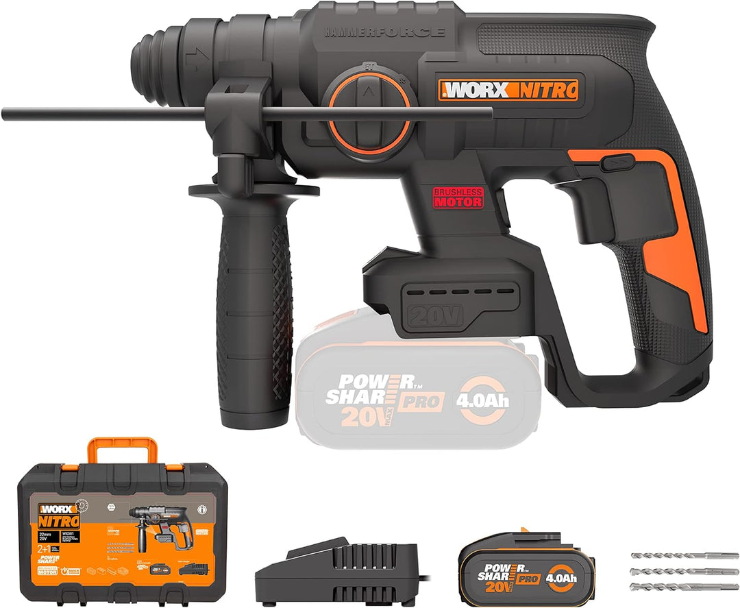 WORX NITRO WX381 Akku Bohrhammer 20V- bürstenloser Motor - multifunktionales Werkzeug zum Bohren, Ha
