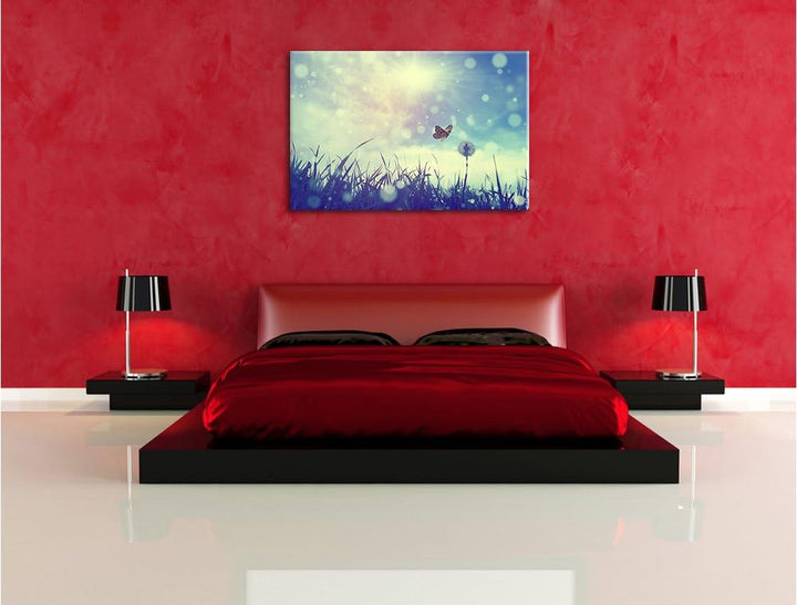 Pixxprint zarter Schmetterling fliegt zu Pusteblume, Format: 100x70 auf Leinwand, 100x70