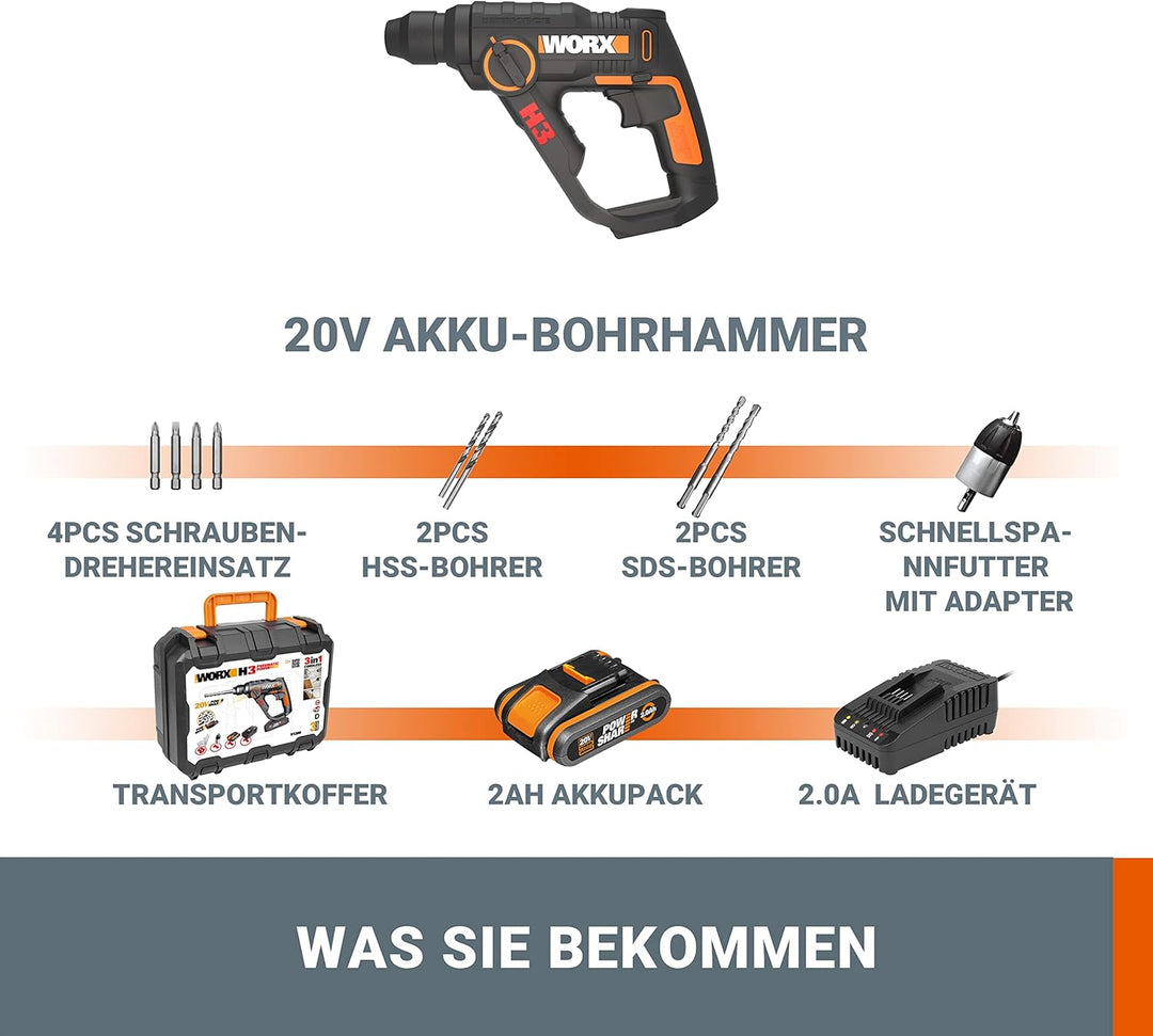 WORX WX390 Bohrhammer SDS-plus - 20V Bohrmaschine mit pneumatischem Hammerwerk zum Schrauben, Bohren